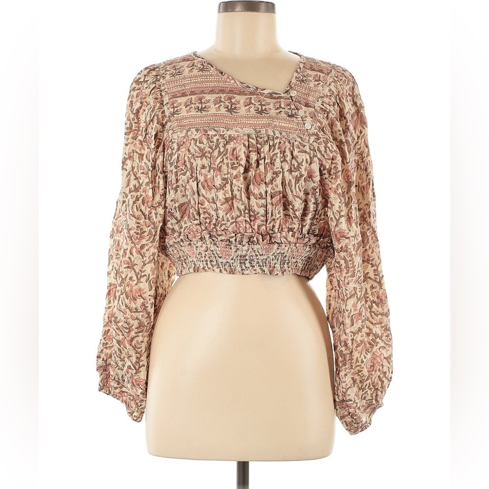 NWT CLEOBELLA Lydia Blouse Top Zinnia Print Cropped Size L Y2K Long Sleeve Tan - Picture 2 of 6